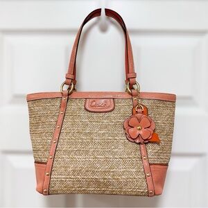 Coach Alexandra Straw Tote Coral Patent Leather Seasonal Ltd Edition LIKE NEW